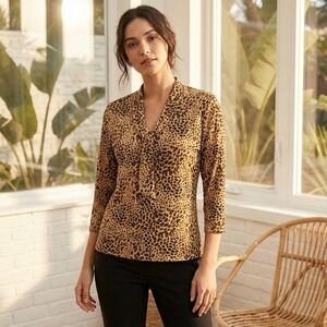 Impressions Cheetah Print Tie Neck 3/4 Sleeve‎ Top Womens Medium
